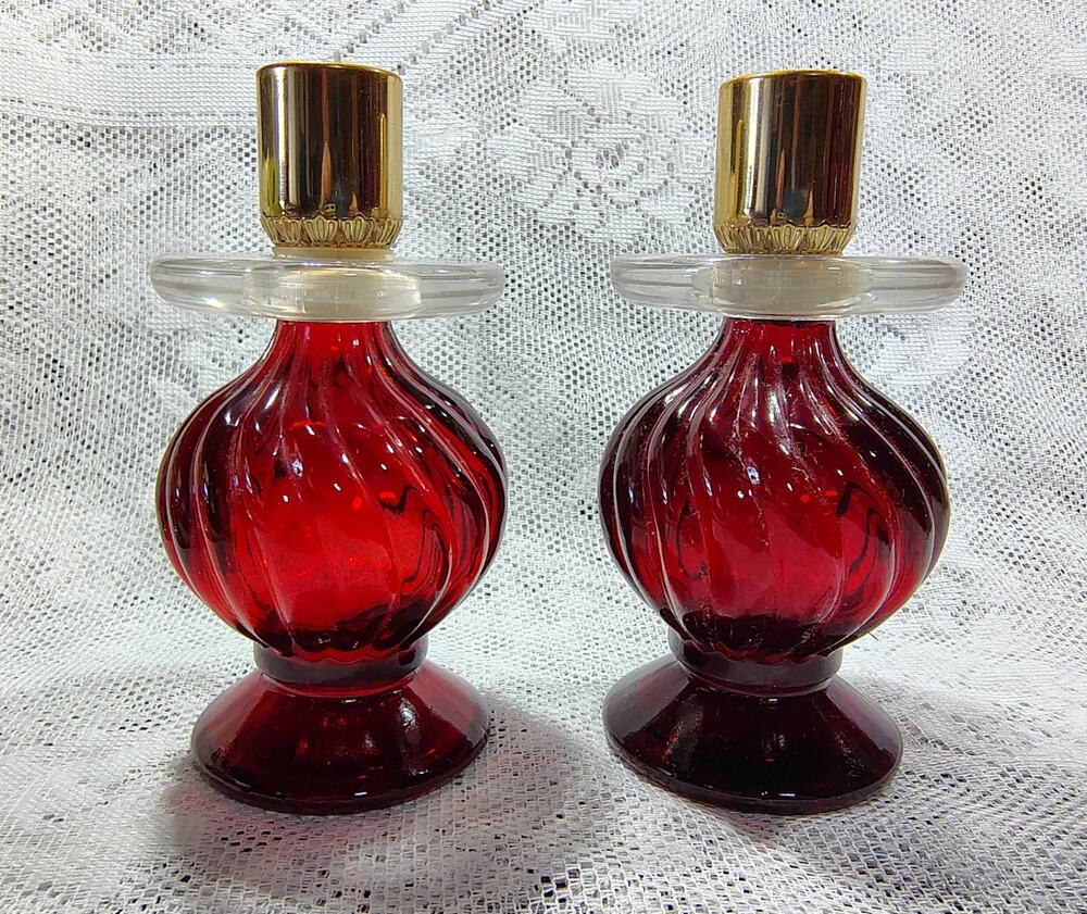 2 Vintage Avon Candlestick Elusive Cologne Bottle 4 Fl Oz Red Glass Empty